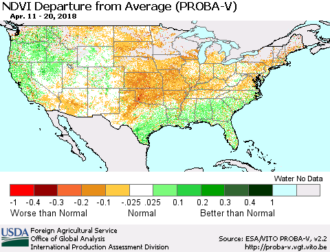 United States NDVI Departure from Average (PROBA-V) Thematic Map For 4/11/2018 - 4/20/2018