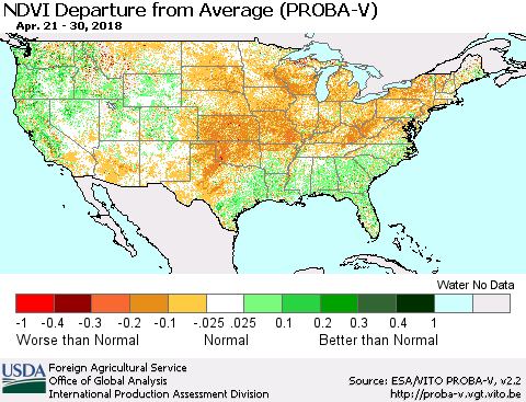United States NDVI Departure from Average (PROBA-V) Thematic Map For 4/21/2018 - 4/30/2018