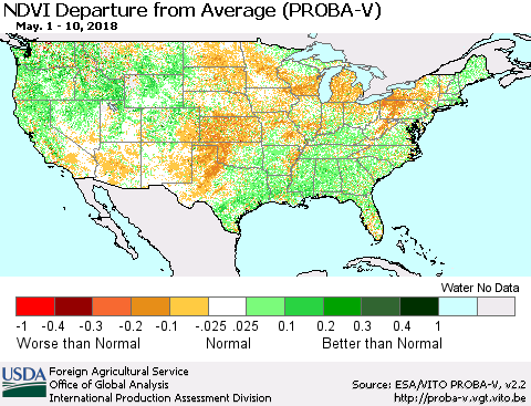 United States NDVI Departure from Average (PROBA-V) Thematic Map For 5/1/2018 - 5/10/2018