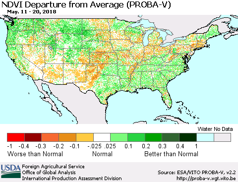 United States NDVI Departure from Average (PROBA-V) Thematic Map For 5/11/2018 - 5/20/2018