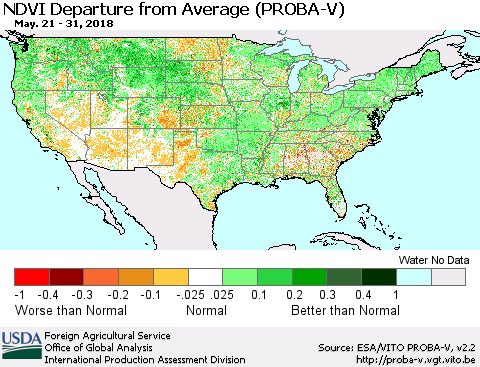 United States NDVI Departure from Average (PROBA-V) Thematic Map For 5/21/2018 - 5/31/2018