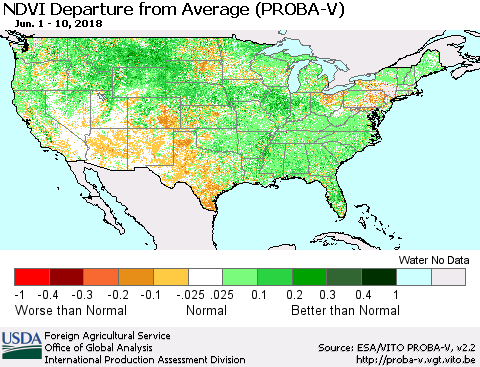 United States NDVI Departure from Average (PROBA-V) Thematic Map For 6/1/2018 - 6/10/2018