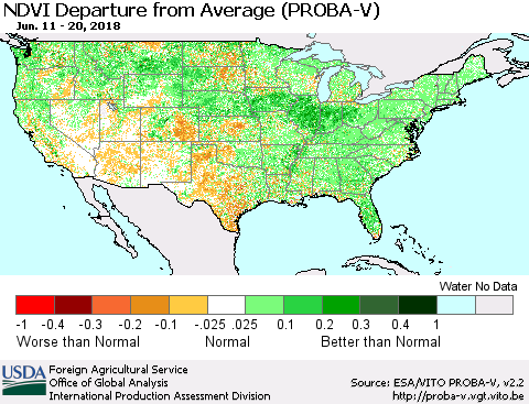 United States NDVI Departure from Average (PROBA-V) Thematic Map For 6/11/2018 - 6/20/2018