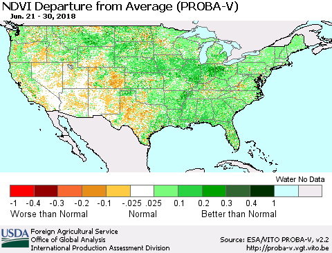 United States NDVI Departure from Average (PROBA-V) Thematic Map For 6/21/2018 - 6/30/2018