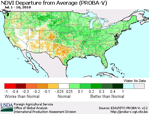 United States NDVI Departure from Average (PROBA-V) Thematic Map For 7/1/2018 - 7/10/2018