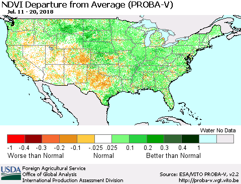 United States NDVI Departure from Average (PROBA-V) Thematic Map For 7/11/2018 - 7/20/2018