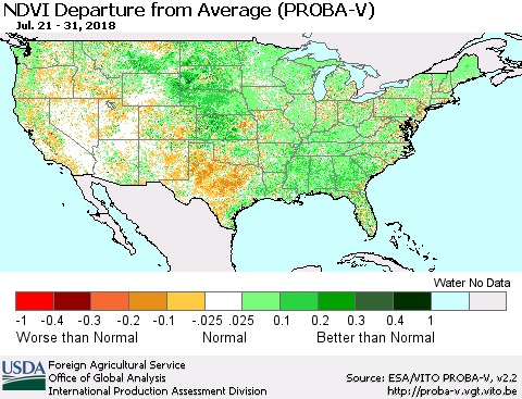 United States NDVI Departure from Average (PROBA-V) Thematic Map For 7/21/2018 - 7/31/2018