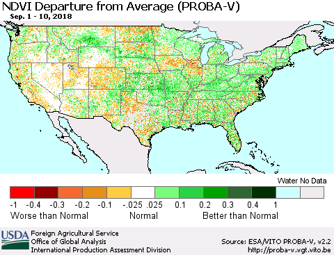 United States NDVI Departure from Average (PROBA-V) Thematic Map For 9/1/2018 - 9/10/2018