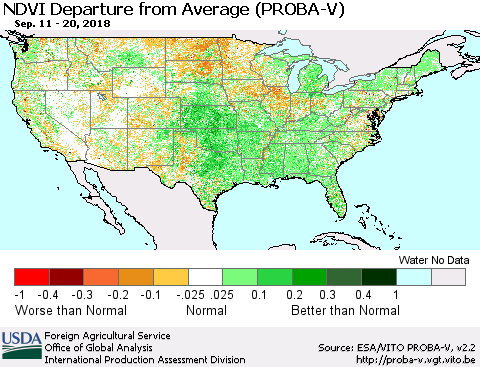 United States NDVI Departure from Average (PROBA-V) Thematic Map For 9/11/2018 - 9/20/2018