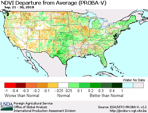 United States NDVI Departure from Average (PROBA-V) Thematic Map For 9/21/2018 - 9/30/2018