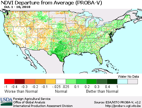 United States NDVI Departure from Average (PROBA-V) Thematic Map For 10/1/2018 - 10/10/2018