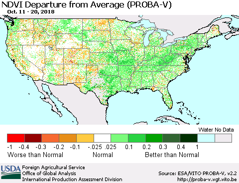 United States NDVI Departure from Average (PROBA-V) Thematic Map For 10/11/2018 - 10/20/2018