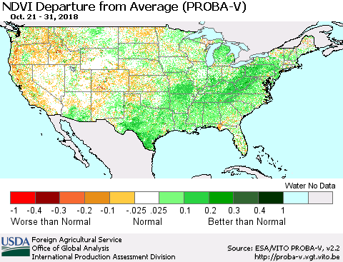 United States NDVI Departure from Average (PROBA-V) Thematic Map For 10/21/2018 - 10/31/2018