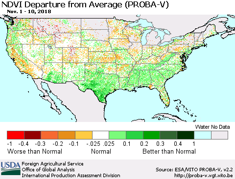 United States NDVI Departure from Average (PROBA-V) Thematic Map For 11/1/2018 - 11/10/2018