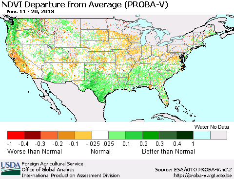 United States NDVI Departure from Average (PROBA-V) Thematic Map For 11/11/2018 - 11/20/2018