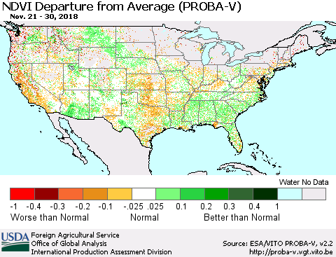 United States NDVI Departure from Average (PROBA-V) Thematic Map For 11/21/2018 - 11/30/2018