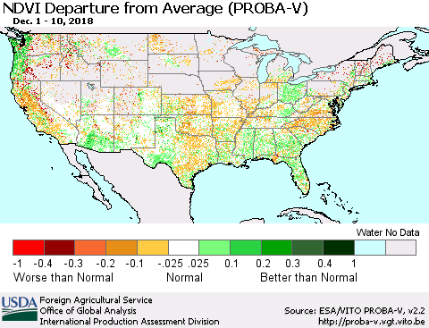 United States NDVI Departure from Average (PROBA-V) Thematic Map For 12/1/2018 - 12/10/2018