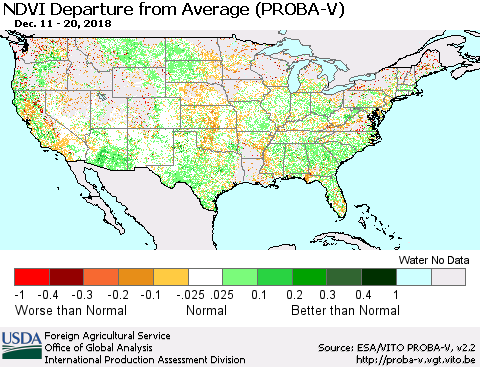 United States NDVI Departure from Average (PROBA-V) Thematic Map For 12/11/2018 - 12/20/2018