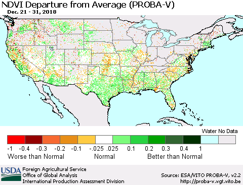 United States NDVI Departure from Average (PROBA-V) Thematic Map For 12/21/2018 - 12/31/2018