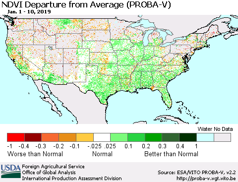 United States NDVI Departure from Average (PROBA-V) Thematic Map For 1/1/2019 - 1/10/2019