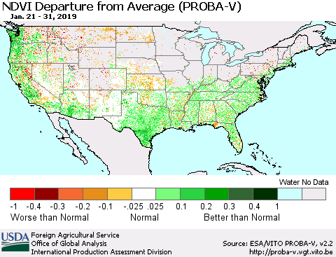 United States NDVI Departure from Average (PROBA-V) Thematic Map For 1/21/2019 - 1/31/2019