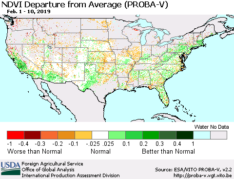 United States NDVI Departure from Average (PROBA-V) Thematic Map For 2/1/2019 - 2/10/2019