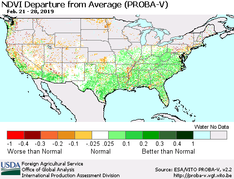 United States NDVI Departure from Average (PROBA-V) Thematic Map For 2/21/2019 - 2/28/2019