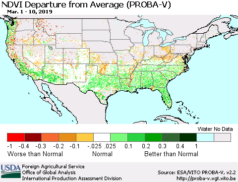 United States NDVI Departure from Average (PROBA-V) Thematic Map For 3/1/2019 - 3/10/2019