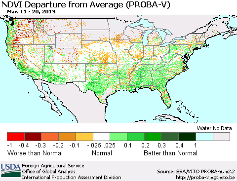 United States NDVI Departure from Average (PROBA-V) Thematic Map For 3/11/2019 - 3/20/2019