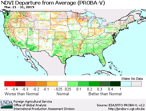United States NDVI Departure from Average (PROBA-V) Thematic Map For 3/21/2019 - 3/31/2019