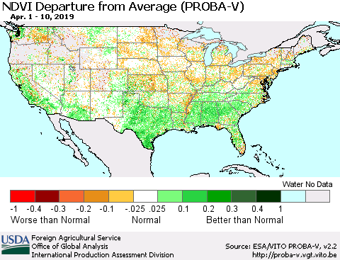 United States NDVI Departure from Average (PROBA-V) Thematic Map For 4/1/2019 - 4/10/2019
