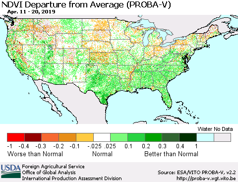United States NDVI Departure from Average (PROBA-V) Thematic Map For 4/11/2019 - 4/20/2019