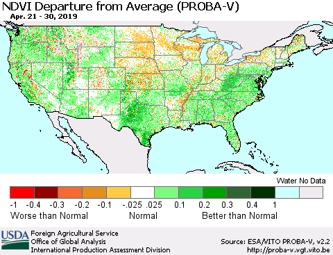 United States NDVI Departure from Average (PROBA-V) Thematic Map For 4/21/2019 - 4/30/2019