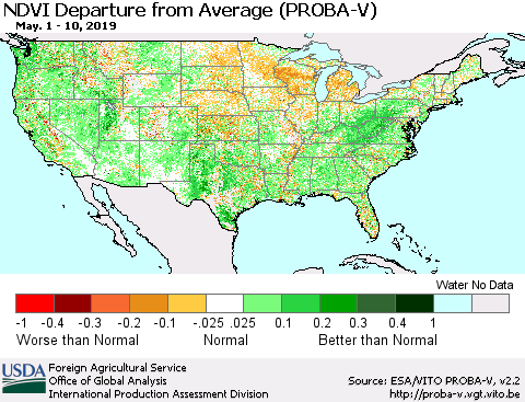 United States NDVI Departure from Average (PROBA-V) Thematic Map For 5/1/2019 - 5/10/2019