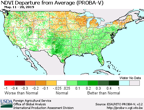 United States NDVI Departure from Average (PROBA-V) Thematic Map For 5/11/2019 - 5/20/2019