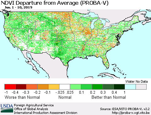 United States NDVI Departure from Average (PROBA-V) Thematic Map For 6/1/2019 - 6/10/2019