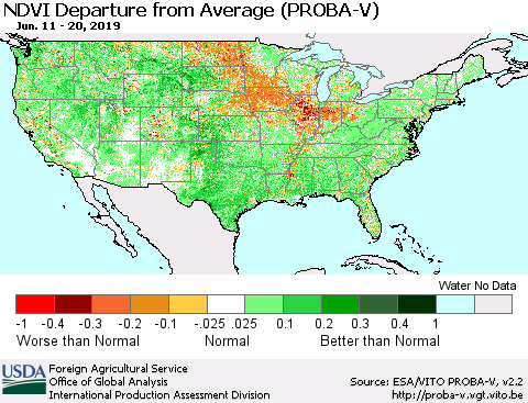 United States NDVI Departure from Average (PROBA-V) Thematic Map For 6/11/2019 - 6/20/2019