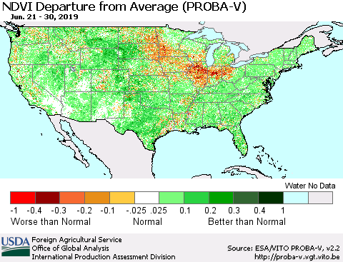 United States NDVI Departure from Average (PROBA-V) Thematic Map For 6/21/2019 - 6/30/2019