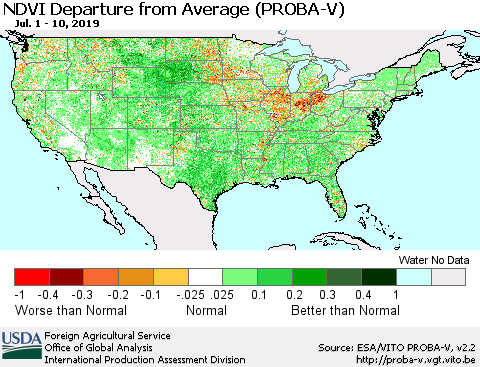 United States NDVI Departure from Average (PROBA-V) Thematic Map For 7/1/2019 - 7/10/2019