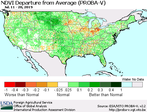 United States NDVI Departure from Average (PROBA-V) Thematic Map For 7/11/2019 - 7/20/2019