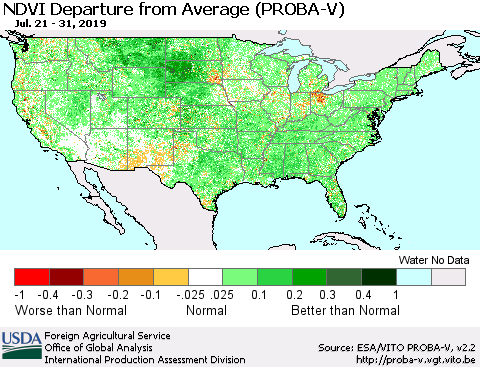 United States NDVI Departure from Average (PROBA-V) Thematic Map For 7/21/2019 - 7/31/2019