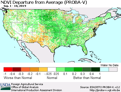 United States NDVI Departure from Average (PROBA-V) Thematic Map For 9/1/2019 - 9/10/2019
