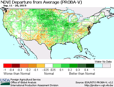 United States NDVI Departure from Average (PROBA-V) Thematic Map For 9/11/2019 - 9/20/2019