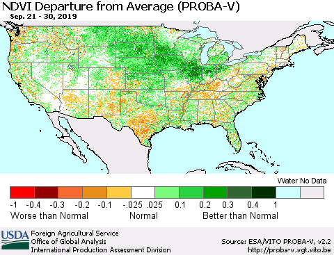 United States NDVI Departure from Average (PROBA-V) Thematic Map For 9/21/2019 - 9/30/2019