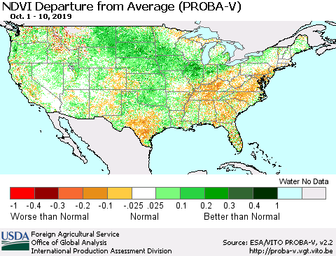 United States NDVI Departure from Average (PROBA-V) Thematic Map For 10/1/2019 - 10/10/2019