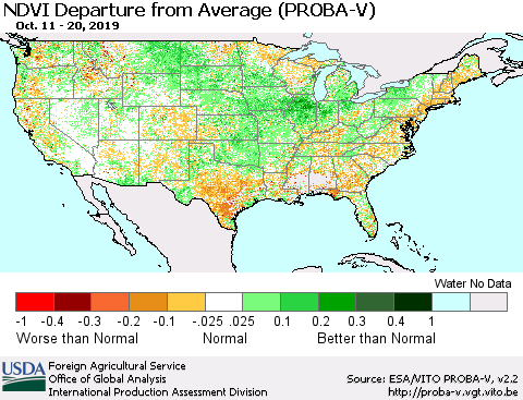 United States NDVI Departure from Average (PROBA-V) Thematic Map For 10/11/2019 - 10/20/2019