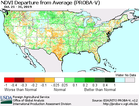 United States NDVI Departure from Average (PROBA-V) Thematic Map For 10/21/2019 - 10/31/2019