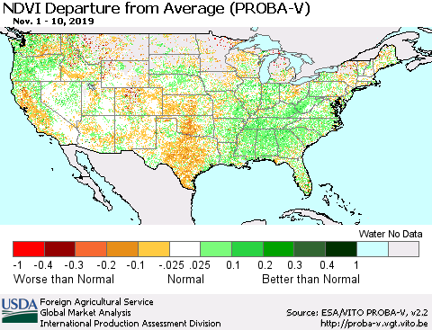 United States NDVI Departure from Average (PROBA-V) Thematic Map For 11/1/2019 - 11/10/2019