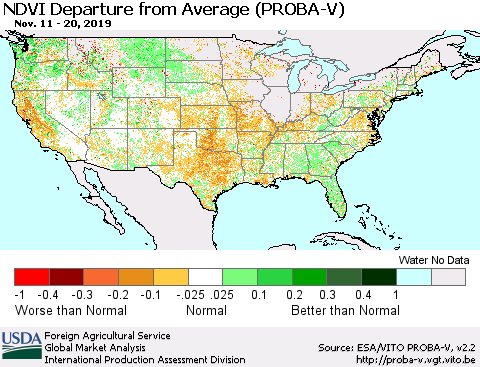 United States NDVI Departure from Average (PROBA-V) Thematic Map For 11/11/2019 - 11/20/2019