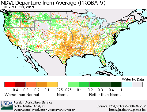 United States NDVI Departure from Average (PROBA-V) Thematic Map For 11/21/2019 - 11/30/2019